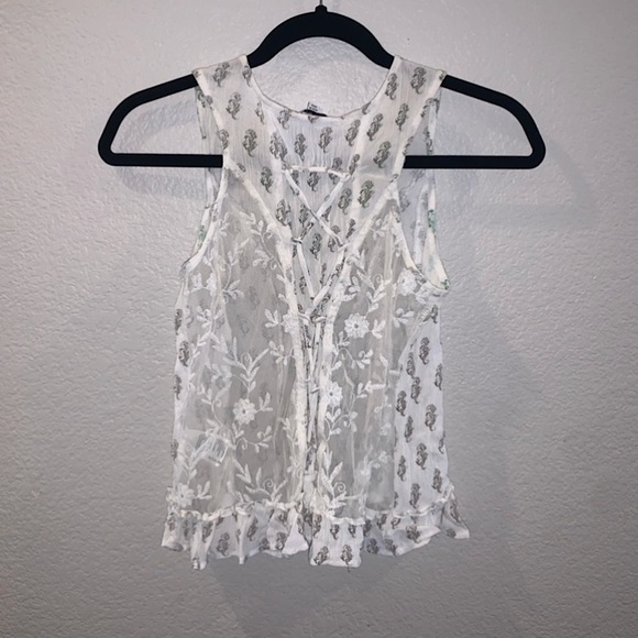 Ooh La Luxe Lovely Button Up Tank Top, with Tie/Floral Embroidery Design Back - Picture 4 of 8